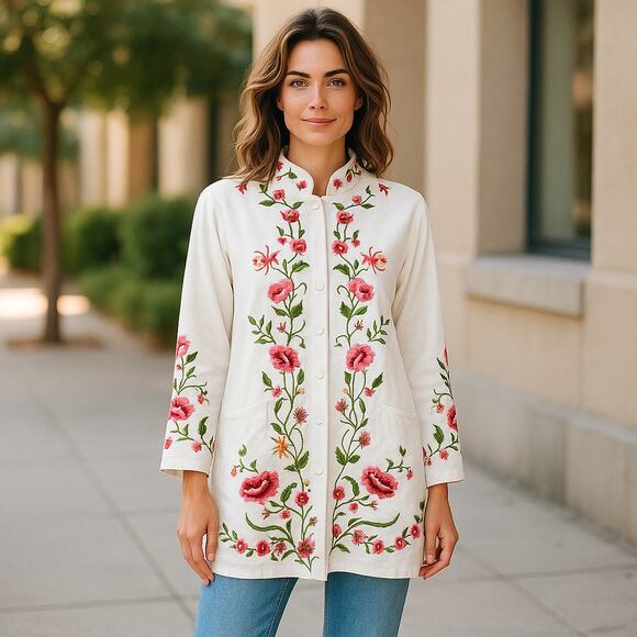 Victor Costa White Floral Embroidered Long Line Coat 1X - Picture 1 of 8